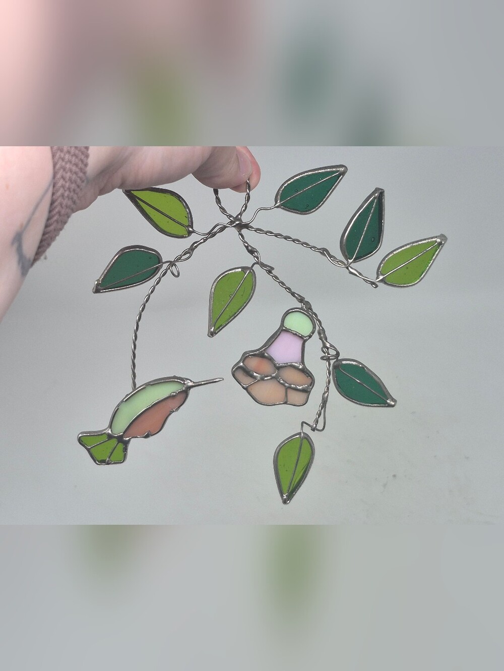Stained Glass Humming Bird Flower And Leaves